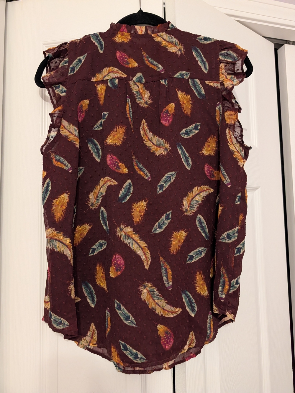 LOFT Burgundy Feather-Print Ruffled Shell Top - Picture 2 of 3